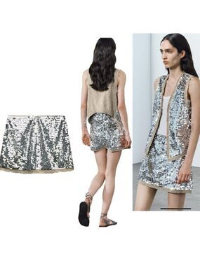 Zara ZW Collection silver beige metallic sequin chain mini skirt high waist Sz S